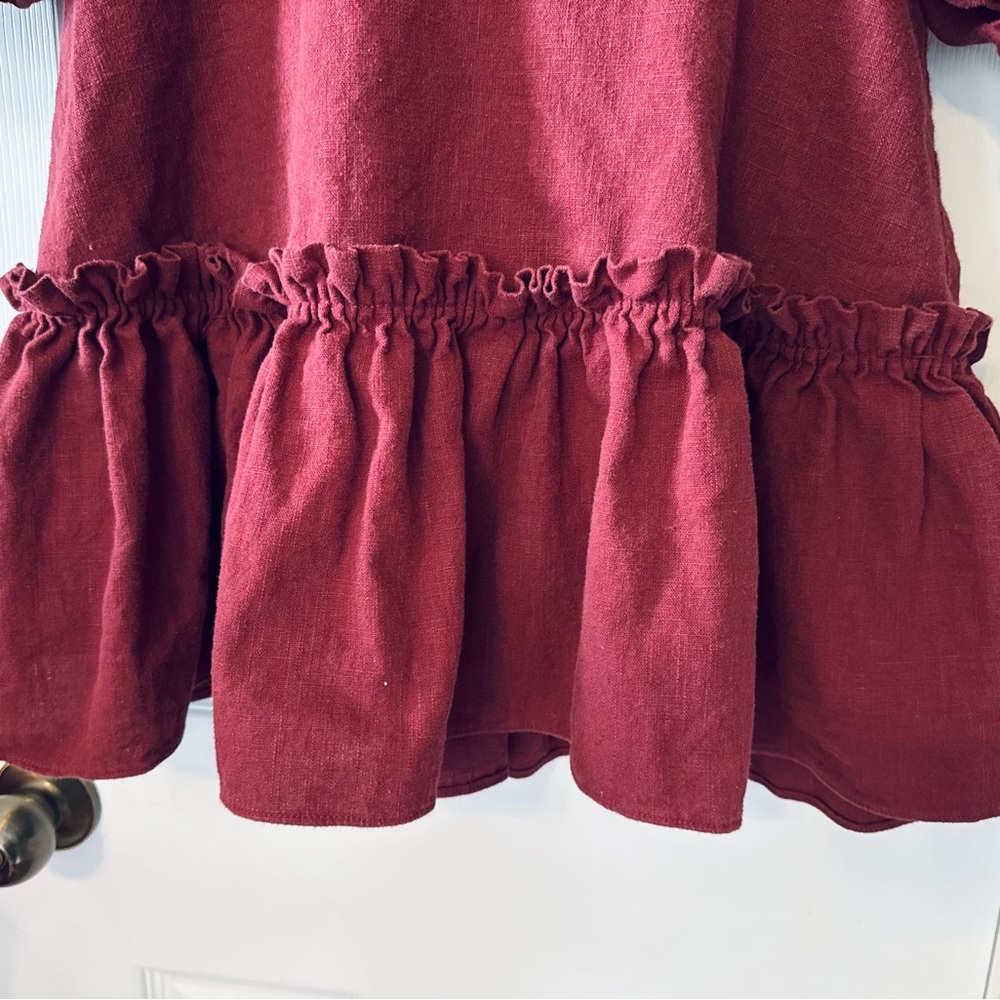 KARLIE Burgundy Linen Blend Puff Sleeve V-Neck‎ Ruffle Hem Dress Size Large - Picture 5 of 7
